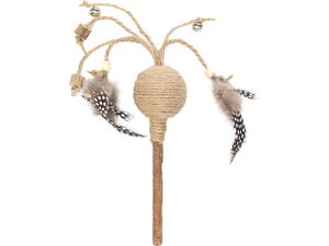 Flamingo hračka pro kočku míček s peřím, rolničkou,dřevo matatabi 36 x 9,5 x 5cm přírodní