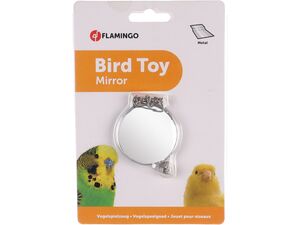 Flamingo hračka zrcátko průměr 5 cm se zvonečkem délka 18 cm chrom pro malé papoušky
