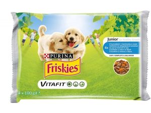 Friskies kapsa pes Junior kuře s hráškem v želé 4 x 100 g 516 SLEVA