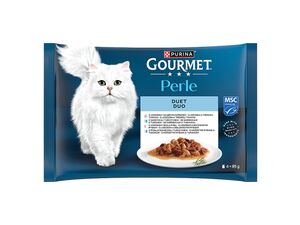 Gourmet kapsa Perle 4 x 85 g Duo ve šťávě losos, tuňák, mořské ryby,sardinky