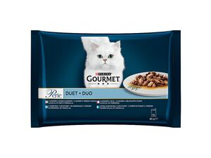 Gourmet kapsa Perle 4 x 85 g Duo ve šťávě losos, tuňák, mořské ryby,sardinky