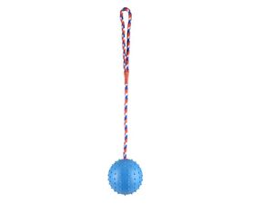 Flamingo hračka pro psa míč s rolničkou průměr 7 cm na šňůře 30 cm guma modrá