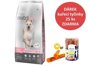 Nutrilove adult Sensitive s jehněčím 12 kg + dárek tyč. kuřecí 25 ks č. 756