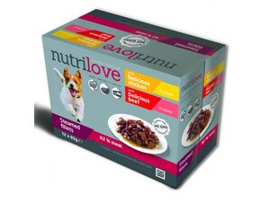 Nutrilove kapsa 12 x 85 g pro psy s delikátním kuřecím a šťavnatým hovězím v omáčce