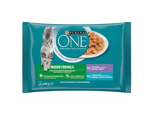Purina ONE Indoor 4 x 85 g kapsa tele s mrkví a tuňák se zel. fazol. ve  šťávě  