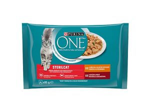 Purina ONE Sterilcat 4 x 85 g kuřetem a fazolkami, s hovězím a mrkví ve šťávě  
