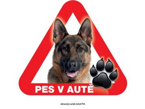 Grel nálepka na sklo pozor pes v autě německý ovčák čelně