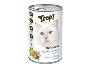 Tropi Delux Anti-Hairball konzerva pro kočku 400 g tuňák s treskou v omáčce SLEVA
