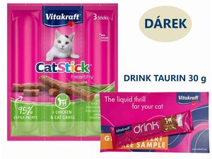 Vitakraft Cat Stick kuřecí & kočičí tráva, 3 x 6 g+dárek Vitakraft cat drink taurine+Flavo