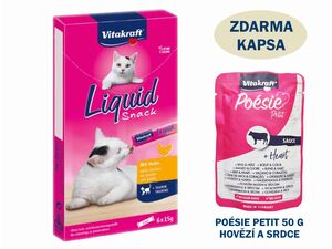 Vitakraft Liquid Snack taurin-kuře 6 x 15 g+ dárek Vitakraft Poésie Petit kapsa 50 g