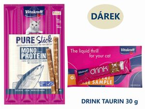 Vitakraft Pure Stick cat 4 x 5 g treska+ dárek Vitakraft cat drink taurine+Flavour