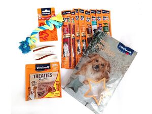 Vitakraft vánoční balíček pro psa -Beef Stick 8x, Treaties bits 1x, dentál. tyč 2x, hračka